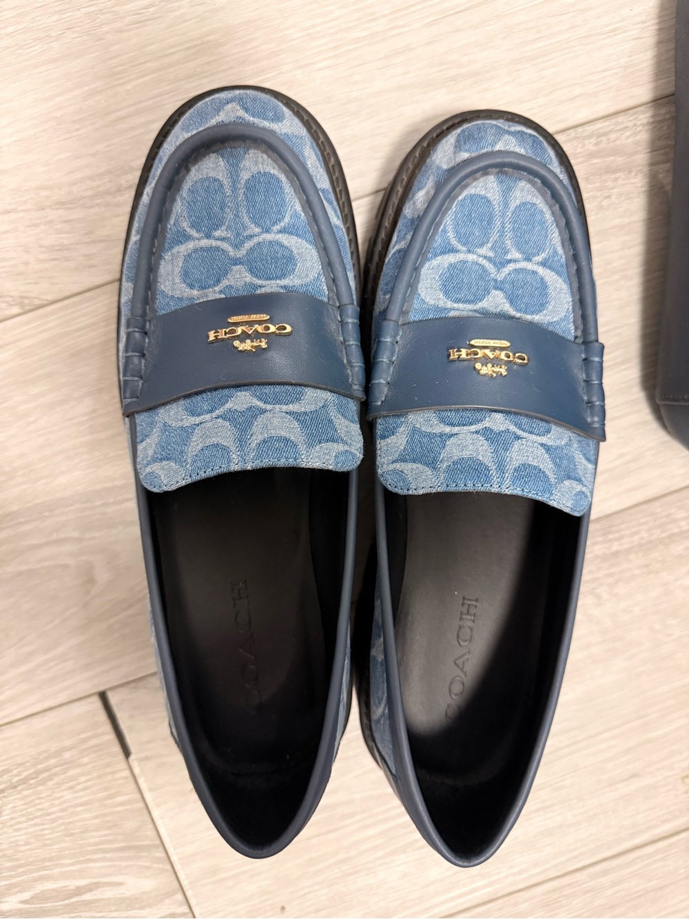 Coach Women Light Blue Signature Jacquard Penny Loafers with Navy Trim